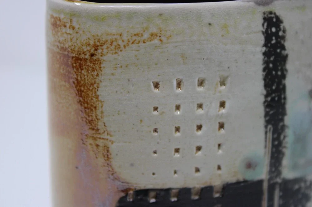 Handmade Lyn Pottery Small Vase – Signed, 5.5” Tall, Abstract Glaze Cream Tan